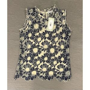 KEREN Hart Small Floral Navy and Cream Sleeveless Top New